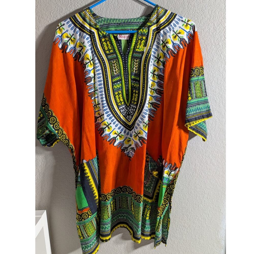 MARINE Vibrant Orange African‎ Print Dashiki Tunic Top Men's 2XL / Unisex OS